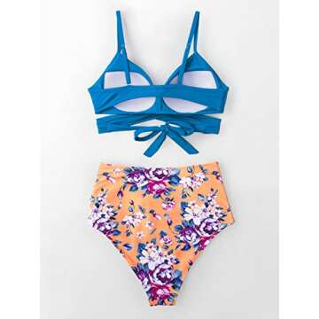 CUPSHE Women's High Waist Bikini Swimsuit Floral Print Tie Two Piece Bathing Suit, M Blue
