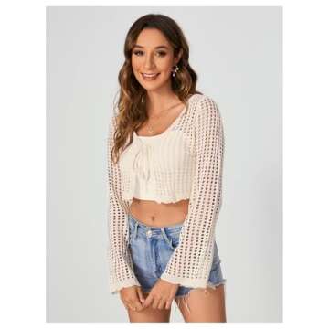 Verdusa Women's Bell Long Sleeve Tie Up Front Hollow Out Sheer Knit Crop Cardigan Apricot L