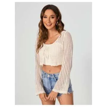 Verdusa Women's Bell Long Sleeve Tie Up Front Hollow Out Sheer Knit Crop Cardigan Apricot L