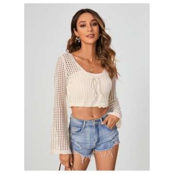 Verdusa Women's Bell Long Sleeve Tie Up Front Hollow Out Sheer Knit Crop Cardigan Apricot L