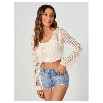 Verdusa Women's Bell Long Sleeve Tie Up Front Hollow Out Sheer Knit Crop Cardigan Apricot L