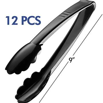 Plastic Tongs for Serving (Pack of 12) 9 Inch - Heavy-Duty Hard Plastic Reusable or Disposable Servi...