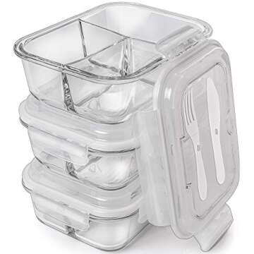 Glass Meal Prep Containers 3 Compartment (3 - Pack)