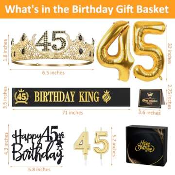 45th Birthday Gifts for Men, 45th Birthday Decorations for Men, Party Decor Supplies Including King Crown & Sash & Balloons & Cake Topper & Candles