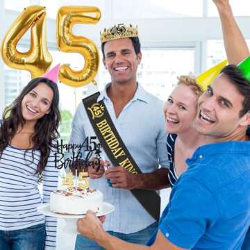 45th Birthday Gifts for Men, 45th Birthday Decorations for Men, Party Decor Supplies Including King Crown & Sash & Balloons & Cake Topper & Candles