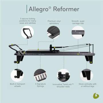 Balanced Body Allegro Reformer with 14-Inch Leg Kit, Pilates Exercise Equipment for Home or Studio, Black Upholstery, 93" L x 36" W Frame