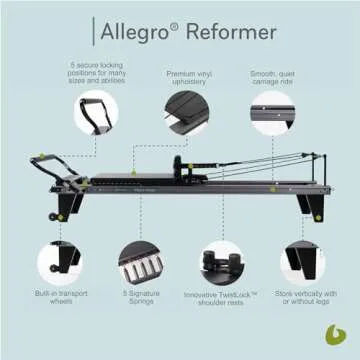 Balanced Body Allegro Reformer with 14-Inch Leg Kit, Pilates Exercise Equipment for Home or Studio, Black Upholstery, 93" L x 36" W Frame