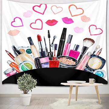 LB Makeup Tapestry Wall Hanging Watercolor Cosmetics Lipstick Perfume Tapestry Love Heart Tapestry f...