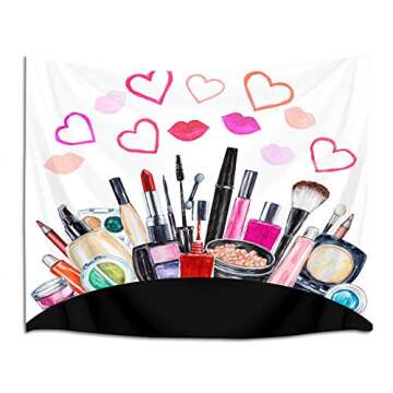 LB Makeup Tapestry Wall Hanging Watercolor Cosmetics Lipstick Perfume Tapestry Love Heart Tapestry for Fashion Modern Lady Women Girls Bedroom Living Room Dorm Decorations Wall Art Decor 60x40 inch