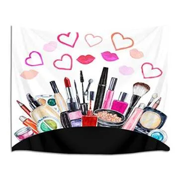 LB Makeup Tapestry Wall Hanging Watercolor Cosmetics Lipstick Perfume Tapestry Love Heart Tapestry for Fashion Modern Lady Women Girls Bedroom Living Room Dorm Decorations Wall Art Decor 60x40 inch