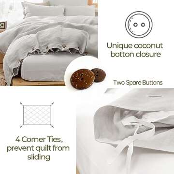 Simple&Opulence 100% Washed Linen Duvet Cover Queen Size -3 Pieces - Natural Flax French Country Bed...