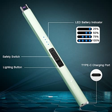 SUPRUS Electric Lighter Arc Windproof Flameless USB Lighter Rechargeable Lighter with Safety Lock for Candle BBQ Camping (Green)