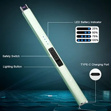 SUPRUS Electric Lighter Arc Windproof Flameless USB Lighter Rechargeable Lighter with Safety Lock for Candle BBQ Camping (Green)