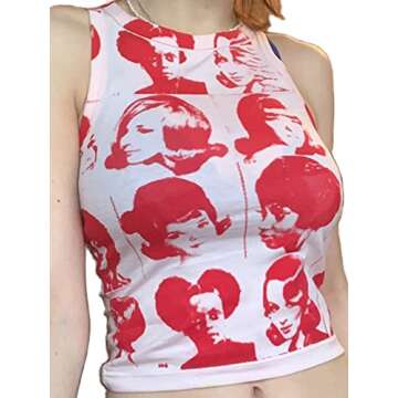 Womens Face Portrait Print Crop Top Y2K E-Girls 90s Sleeveless Tank Top Graphic Print Summer Cami Vest Tops（Z-White,M