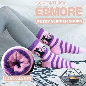 EBMORE Womens Fuzzy Socks Slipper Soft Cabin Plush Warm Fluffy Winter Christmas Sleep Stocking Stuffers Cozy Adult Socks(Cat A(5 Pairs))
