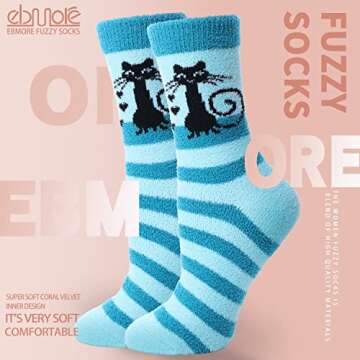 EBMORE Womens Fuzzy Socks Slipper Soft Cabin Plush Warm Fluffy Winter Christmas Sleep Stocking Stuffers Cozy Adult Socks(Cat A(5 Pairs))