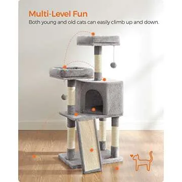 Feandrea Cat Tower, Cat Tree for Indoor Cats, 45.3-Inch Cat Condo with Scratching Post, Ramp, Perch, Spacious Cat Cave, for Kittens, Elderly Cats, Adult Cats, Small Space, Light Gray UPCT141W01