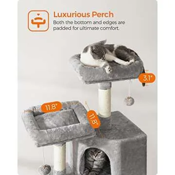 Feandrea Cat Tower, Cat Tree for Indoor Cats, 45.3-Inch Cat Condo with Scratching Post, Ramp, Perch, Spacious Cat Cave, for Kittens, Elderly Cats, Adult Cats, Small Space, Light Gray UPCT141W01
