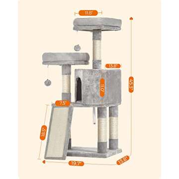 Feandrea Cat Tower, Cat Tree for Indoor Cats, 45.3-Inch Cat Condo with Scratching Post, Ramp, Perch, Spacious Cat Cave, for Kittens, Elderly Cats, Adult Cats, Small Space, Light Gray UPCT141W01