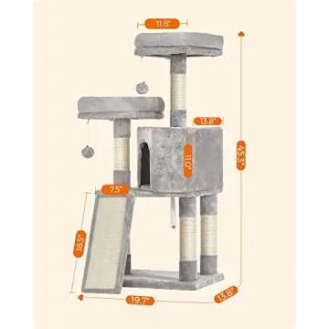Feandrea Cat Tower, Cat Tree for Indoor Cats, 45.3-Inch Cat Condo with Scratching Post, Ramp, Perch, Spacious Cat Cave, for Kittens, Elderly Cats, Adult Cats, Small Space, Light Gray UPCT141W01