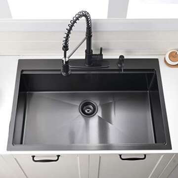 33 Inch Black Kitchen Sink Drop In Workstation - VOKIM 33x22-Inch Drop In Sink 16 Gauge Black Stainless Steel Single Bowl Kitchen Sink 10'' Deep Handmade Kitchen Sink with Cutting Board& Strainer