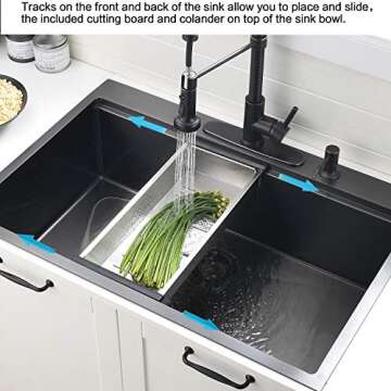 33 Inch Black Kitchen Sink Drop In Workstation - VOKIM 33x22-Inch Drop In Sink 16 Gauge Black Stainless Steel Single Bowl Kitchen Sink 10'' Deep Handmade Kitchen Sink with Cutting Board& Strainer