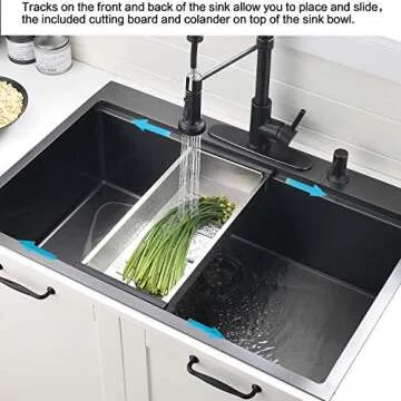 33 Inch Black Kitchen Sink Drop In Workstation - VOKIM 33x22-Inch Drop In Sink 16 Gauge Black Stainless Steel Single Bowl Kitchen Sink 10'' Deep Handmade Kitchen Sink with Cutting Board& Strainer