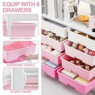 SYKIARIOL 8 Drawers Rolling Storage Cart with Wooden Top, Multipurpose Utility Cart with Opening Shelf & Lockable Wheels, Storage Drawer Cart Organizer for Home Office Craft Room Classroom, Pink