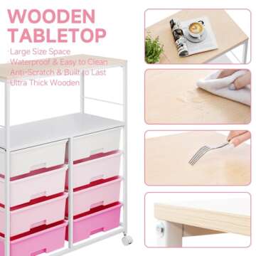 SYKIARIOL 8 Drawers Rolling Storage Cart with Wooden Top, Multipurpose Utility Cart with Opening Shelf & Lockable Wheels, Storage Drawer Cart Organizer for Home Office Craft Room Classroom, Pink