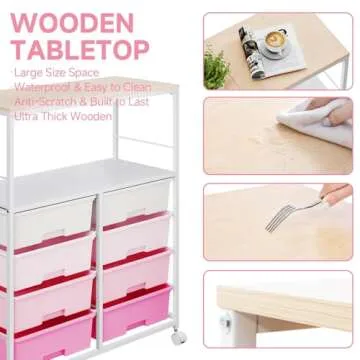 SYKIARIOL 8 Drawers Rolling Storage Cart with Wooden Top, Multipurpose Utility Cart with Opening Shelf & Lockable Wheels, Storage Drawer Cart Organizer for Home Office Craft Room Classroom, Pink