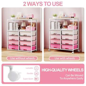 SYKIARIOL 8 Drawers Rolling Storage Cart with Wooden Top, Multipurpose Utility Cart with Opening Shelf & Lockable Wheels, Storage Drawer Cart Organizer for Home Office Craft Room Classroom, Pink