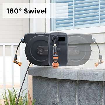 Giraffe Tools Hose Reel 1/2" x 155 ft, Heavy Duty Retractable Garden Hose Reel with Any Length Lock, Slow Return System, Wall Mounted and 180 Deg Swivel Bracket