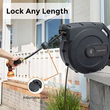 Giraffe Tools Hose Reel 1/2" x 155 ft, Heavy Duty Retractable Garden Hose Reel with Any Length Lock, Slow Return System, Wall Mounted and 180 Deg Swivel Bracket