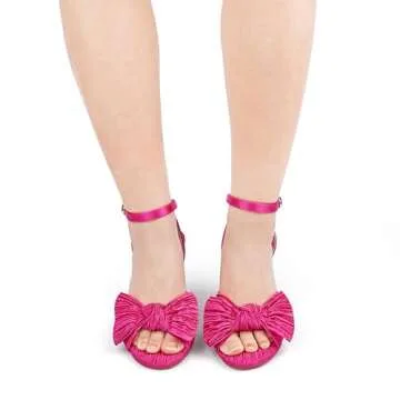 Zzheels Women's Bow Knot Heeled Sandals Open Toe High Block Ankle Strap Chunky Heels Bride Wedding Shoes Rose US9