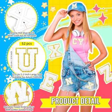 52 Pack 3.14 inch Large Size Letter A-Z Iron On Repair Patches Applique Patches Sewing Clothing Badges with Glitters Border for Shirts Jackets Hats Jeans Shoes Bags (White)