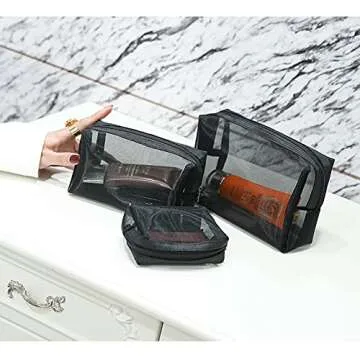 HOYOFO Mesh Makeup Bag 3 PCS Black Mesh Zipper Pouch Travel Cosmetic Organizer Case for Daily Toiletries Accessories Purse Bag, Black (S,M,L)