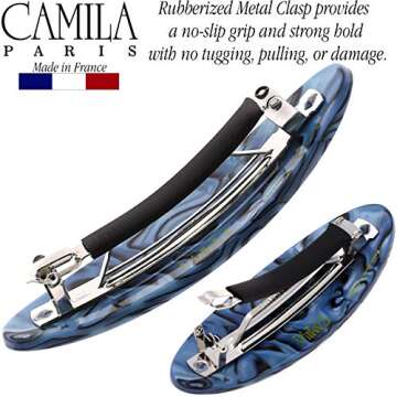 Camila Paris CP2984 French Hair Barrette Clip Handmade Oval Blue, Strong Hold Grip Hair Clips for Women, No Slip Rubberized Metal Closure, Durable Styling Girls Hair Accessories, Made in France