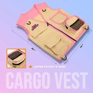 Kidz Xplore Outdoor Adventure Kit for Young Kids - Cargo Vest and Hat Set Backyard Explorer Safari Costume and Dress Up for Park Ranger, Paleontologist, Zoo Keeper Kid and Scavenger Hunt (pink)