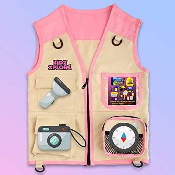 Kidz Xplore Outdoor Adventure Kit for Young Kids - Cargo Vest and Hat Set Backyard Explorer Safari Costume and Dress Up for Park Ranger, Paleontologist, Zoo Keeper Kid and Scavenger Hunt (pink)