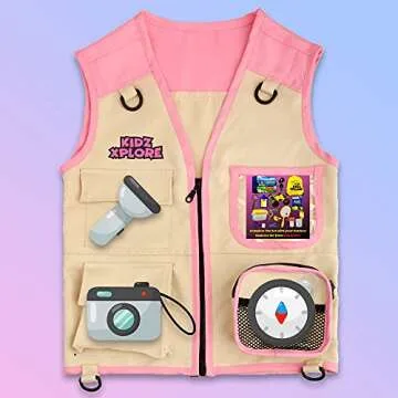 Kidz Xplore Outdoor Adventure Kit for Young Kids - Cargo Vest and Hat Set Backyard Explorer Safari Costume and Dress Up for Park Ranger, Paleontologist, Zoo Keeper Kid and Scavenger Hunt (pink)