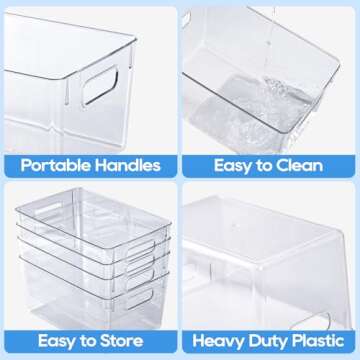 JollyPack 4 Pack Clear Plastic Storage Bins, Pantry Organizers and Storage with Handles, Clear Storage Containers for Fridge, Kitchen, Cabinet, Bathroom and Office