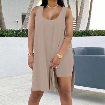 AXOSY Women's Plus Size 2 Piece Outfits Sleeveless Tunic Tops and Bodycon Biker Shorts Sets Tracksui...