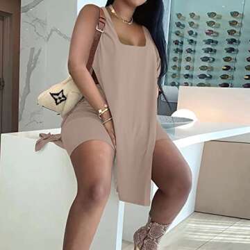 AXOSY Women's Plus Size 2 Piece Outfits Sleeveless Tunic Tops and Bodycon Biker Shorts Sets Tracksuits, Brown, Medium