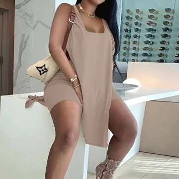 AXOSY Women's Plus Size 2 Piece Outfits Sleeveless Tunic Tops and Bodycon Biker Shorts Sets Tracksuits, Brown, Medium