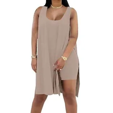AXOSY Women's Plus Size 2 Piece Outfits Sleeveless Tunic Tops and Bodycon Biker Shorts Sets Tracksuits, Brown, Medium