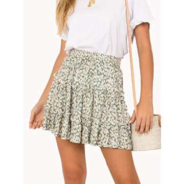 VNDFLAG Women's Summer High Waist Ruffle Skirt Floral Printed A-line Above Knee Length Skirt Green Flower S