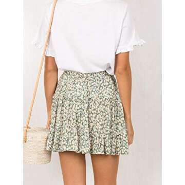 VNDFLAG Women's Summer High Waist Ruffle Skirt Floral Printed A-line Above Knee Length Skirt Green Flower S