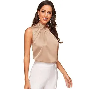 Verdusa Women's Elegant Tie Back Sleeveless Pleated Mock Neck Satin Blouse Top Khaki S