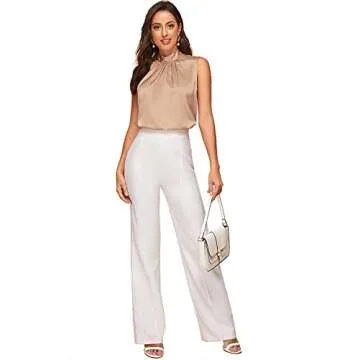 Verdusa Women's Elegant Tie Back Sleeveless Pleated Mock Neck Satin Blouse Top Khaki S