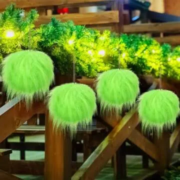 Hollowfly 4 Pcs 6 Inches Lime Green Furry Christmas Ball Ornaments Large Green Christmas Ball Faux Fur Hanging Christmas Ball Ornament for Indoor Christmas Tree Anniversary Wedding Party Holiday